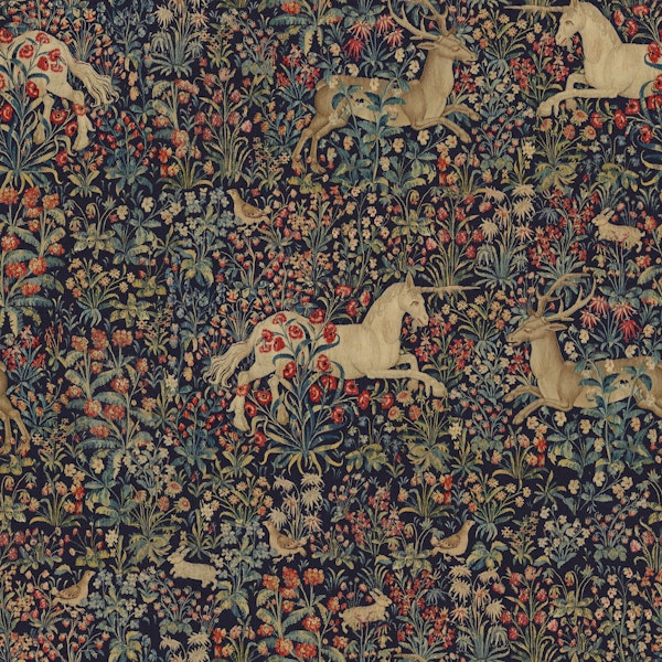 Medieval Unicorn Midnight Floral Tapestry