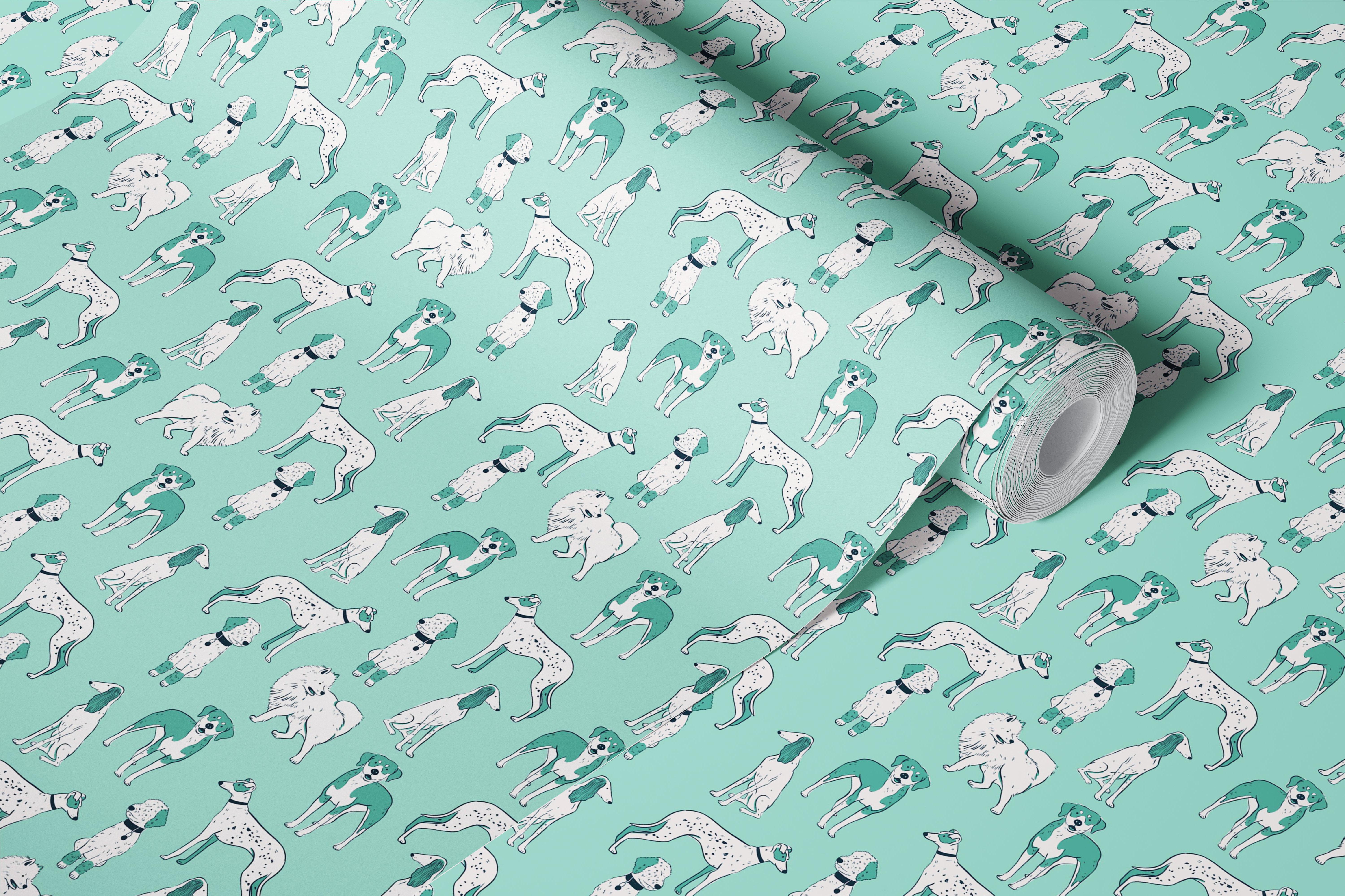 Playful Dogs Seamless Mint tapet i et rom