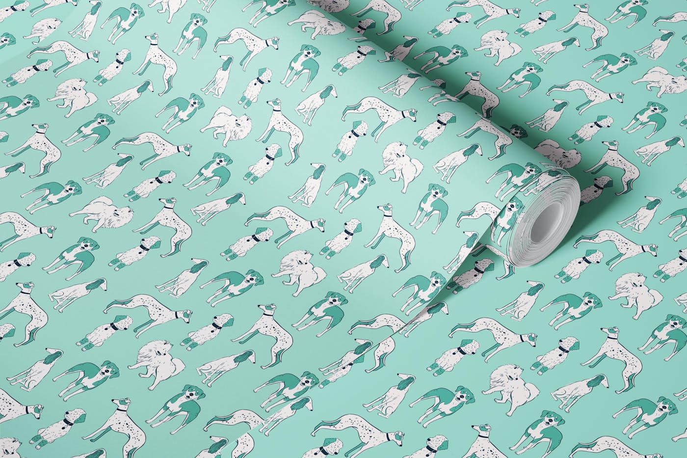 Playful Dogs Seamless Mint wallpaper roll