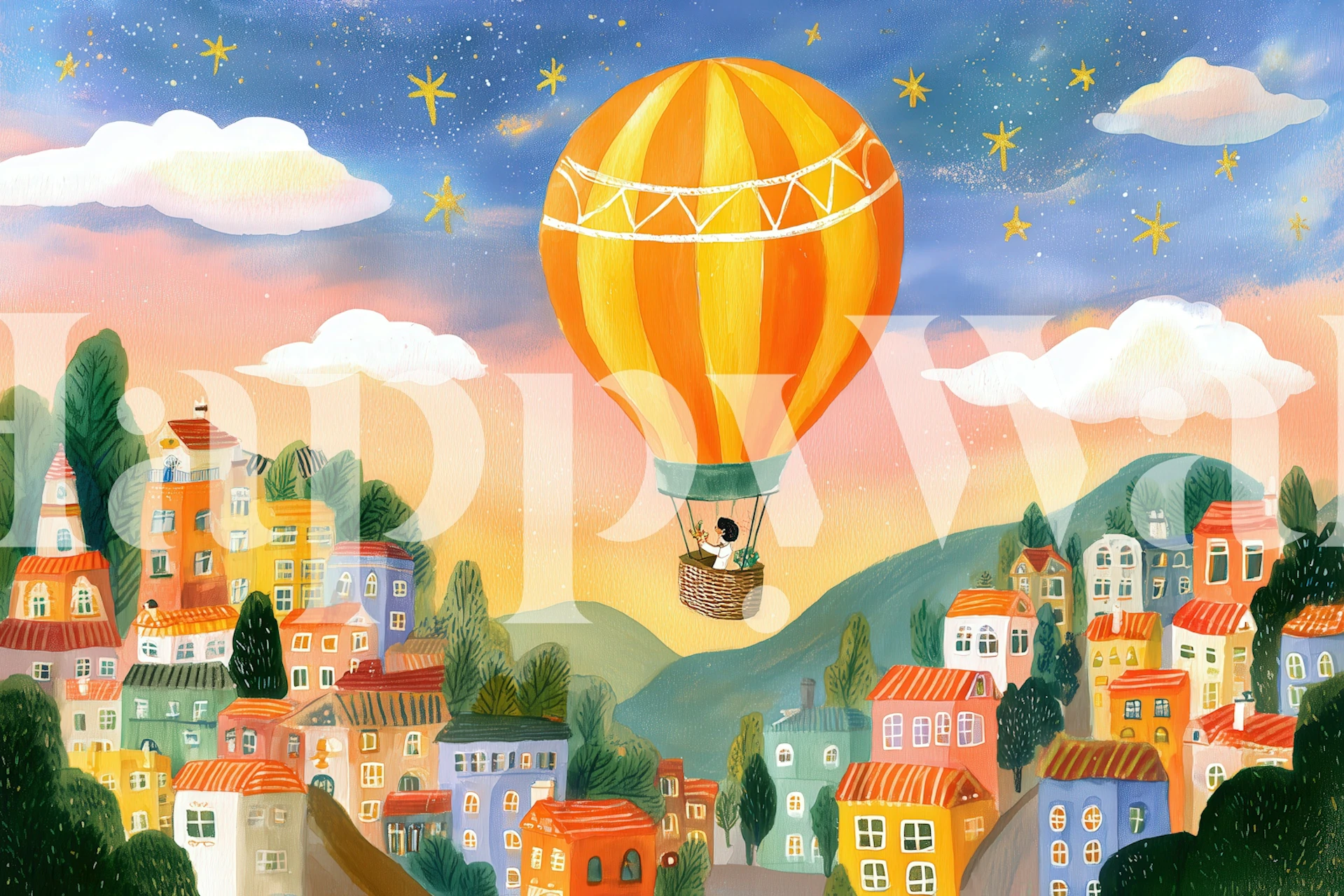 Whimsical hot air balloon town wallpaper in a room