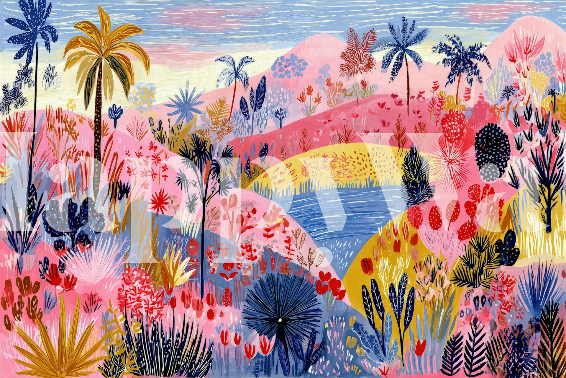 Dreamlike tropical landscape wallpaper in a room