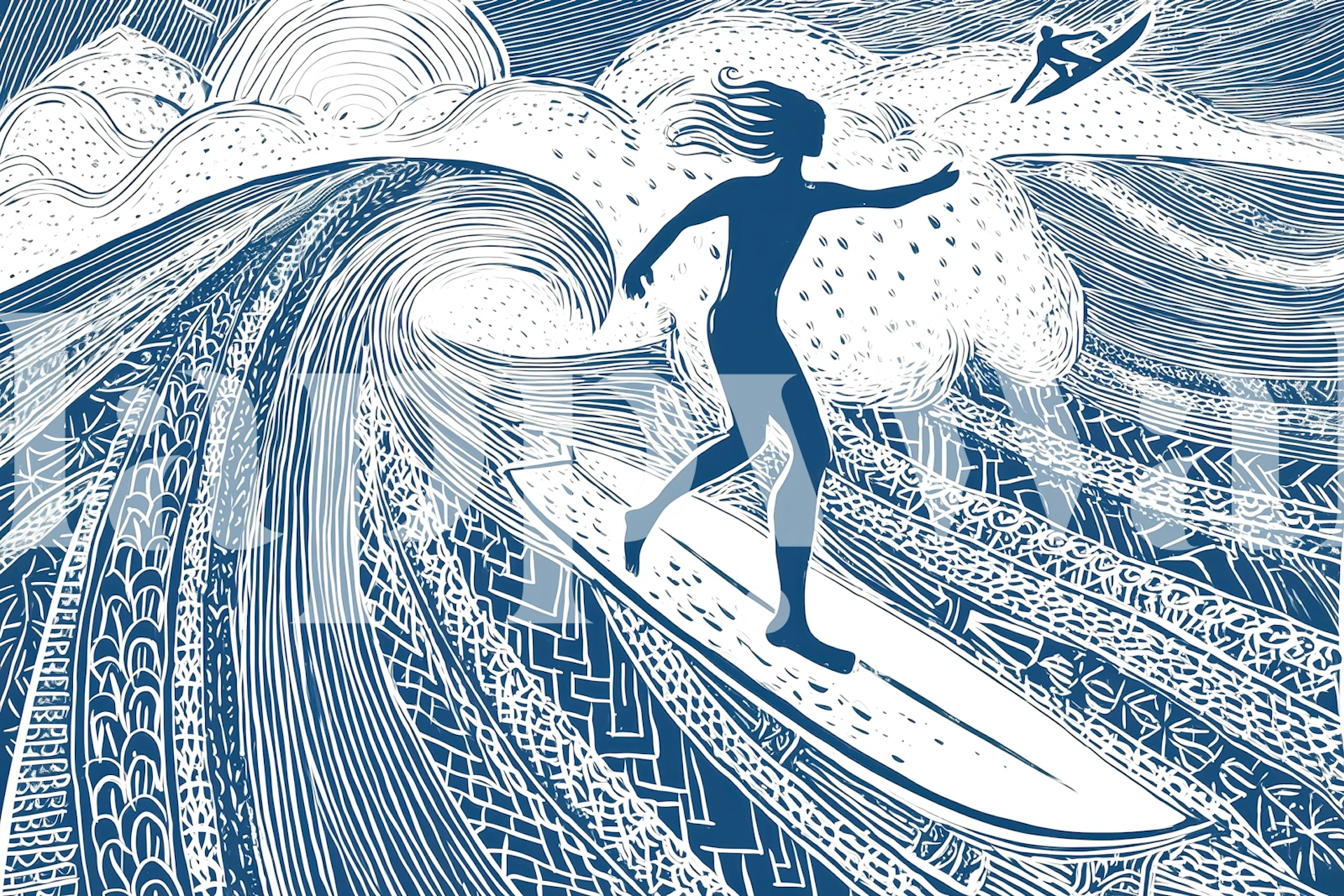 Stylized surfing wave wallpaper in a room