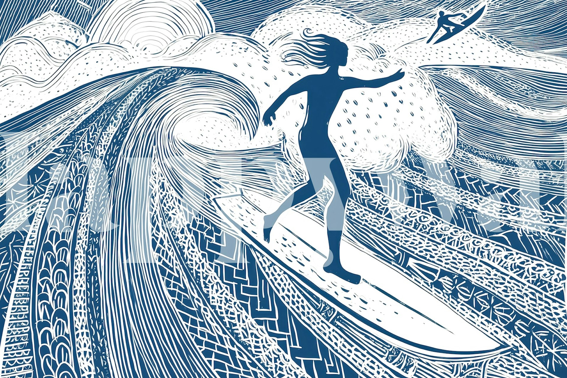 Stylized surfing wave wallpaper in a room