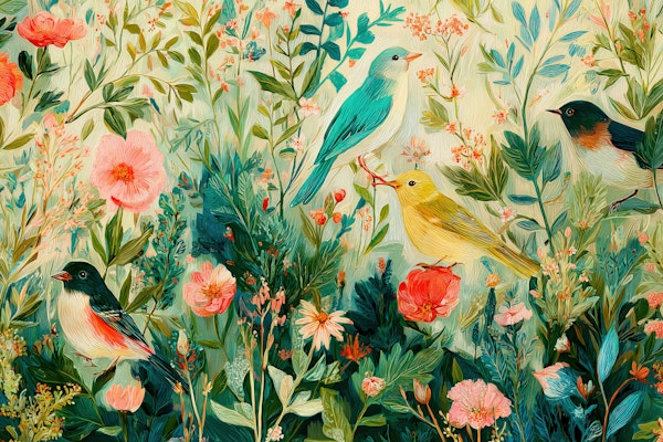 Lush Garden Birds Illustration