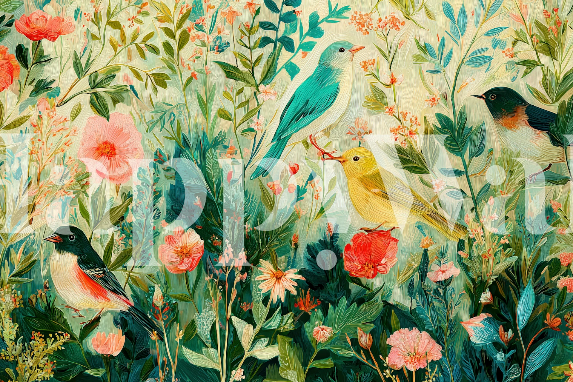 Lush garden birds illustration wallpaper in a room