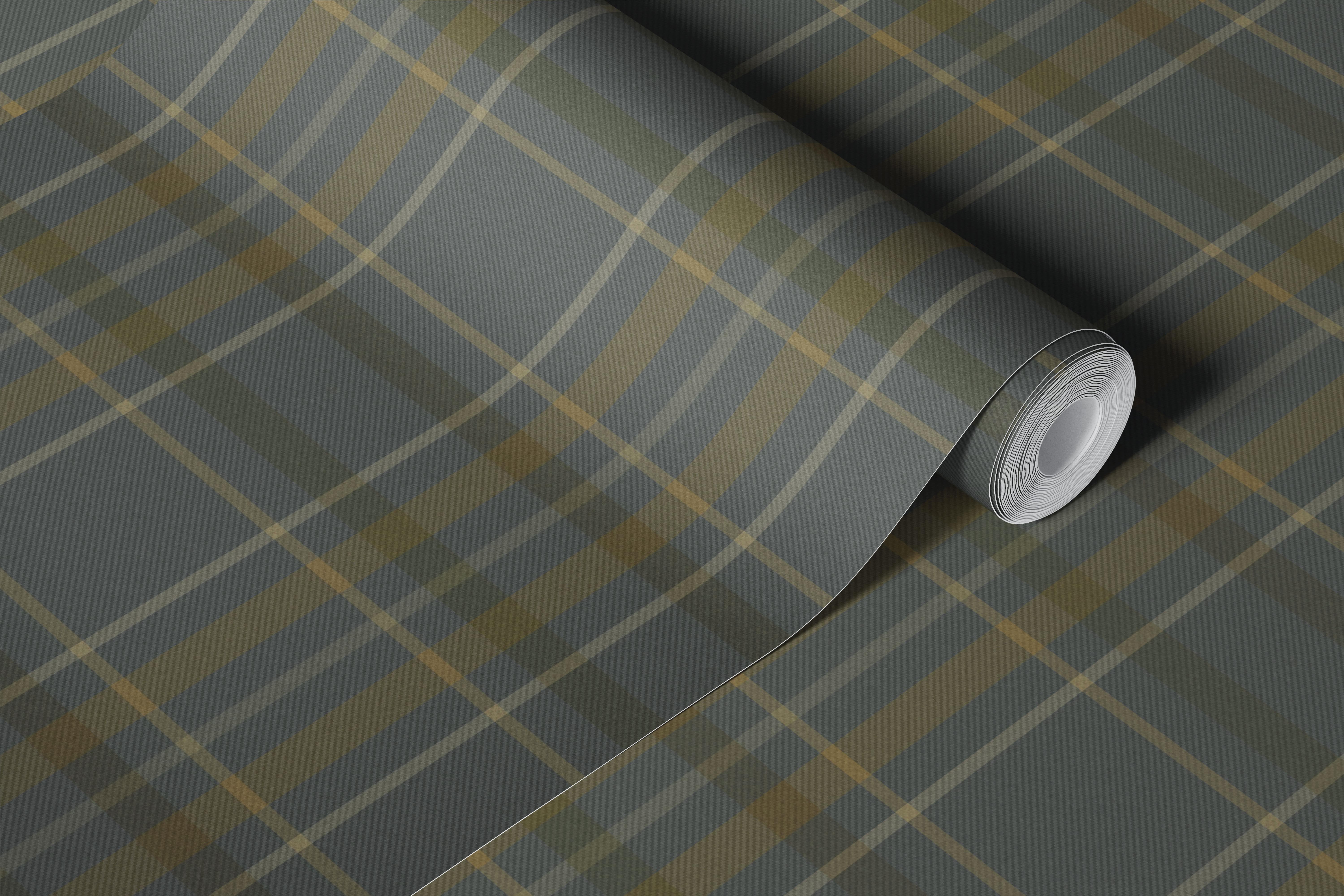 Muted Olive Gray Tartan Plaid wallpaper in a room
