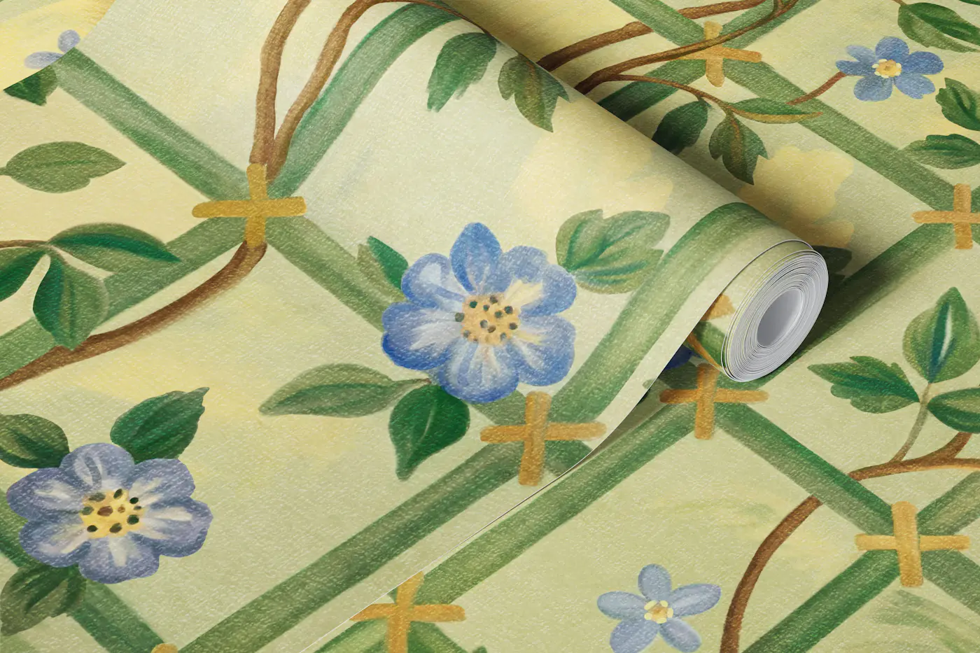 Classic Botanical Trellis With Blue Flowers wallpaper roll