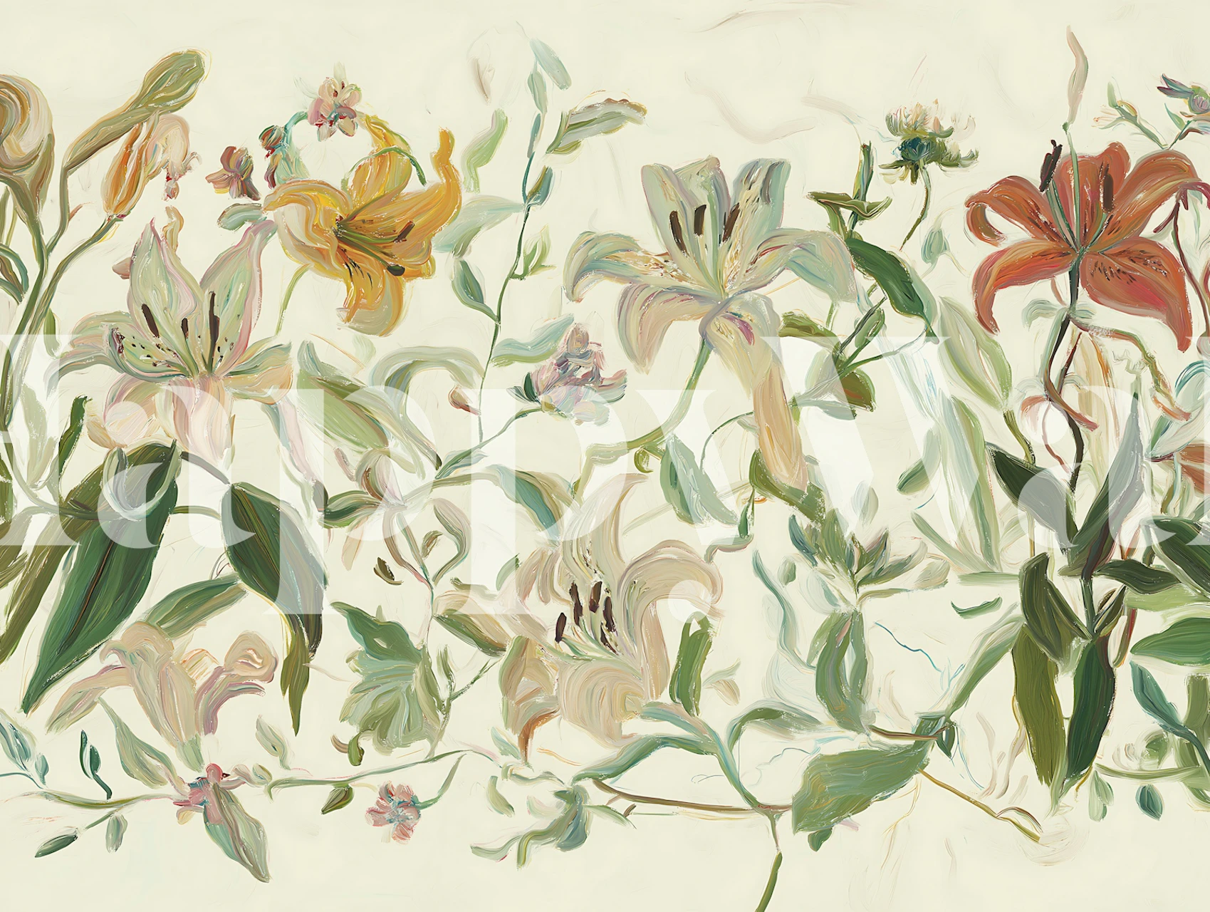 Painterly Lily Garden wallpaper in a room