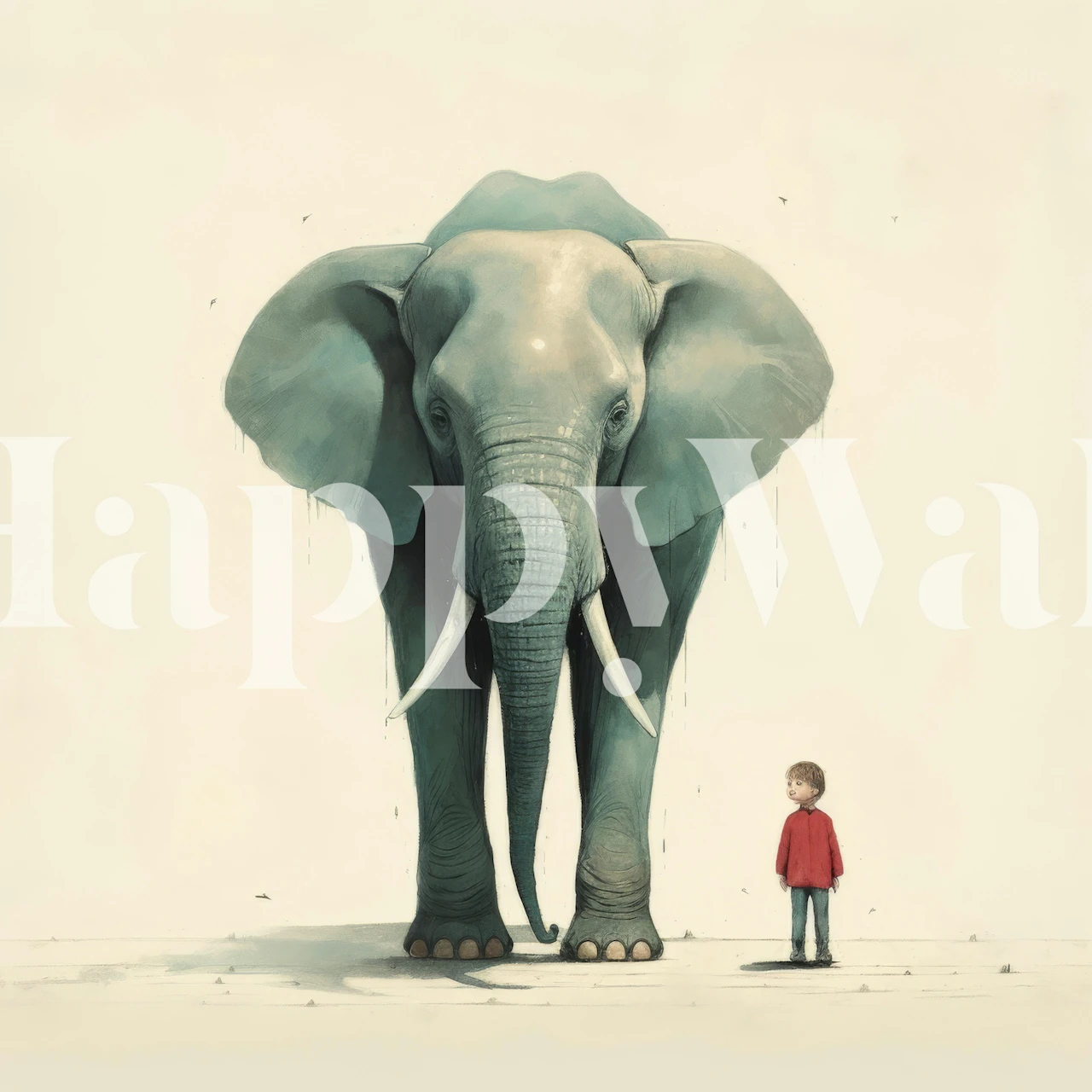 Minimal Elephant and Boy behang in een kamer