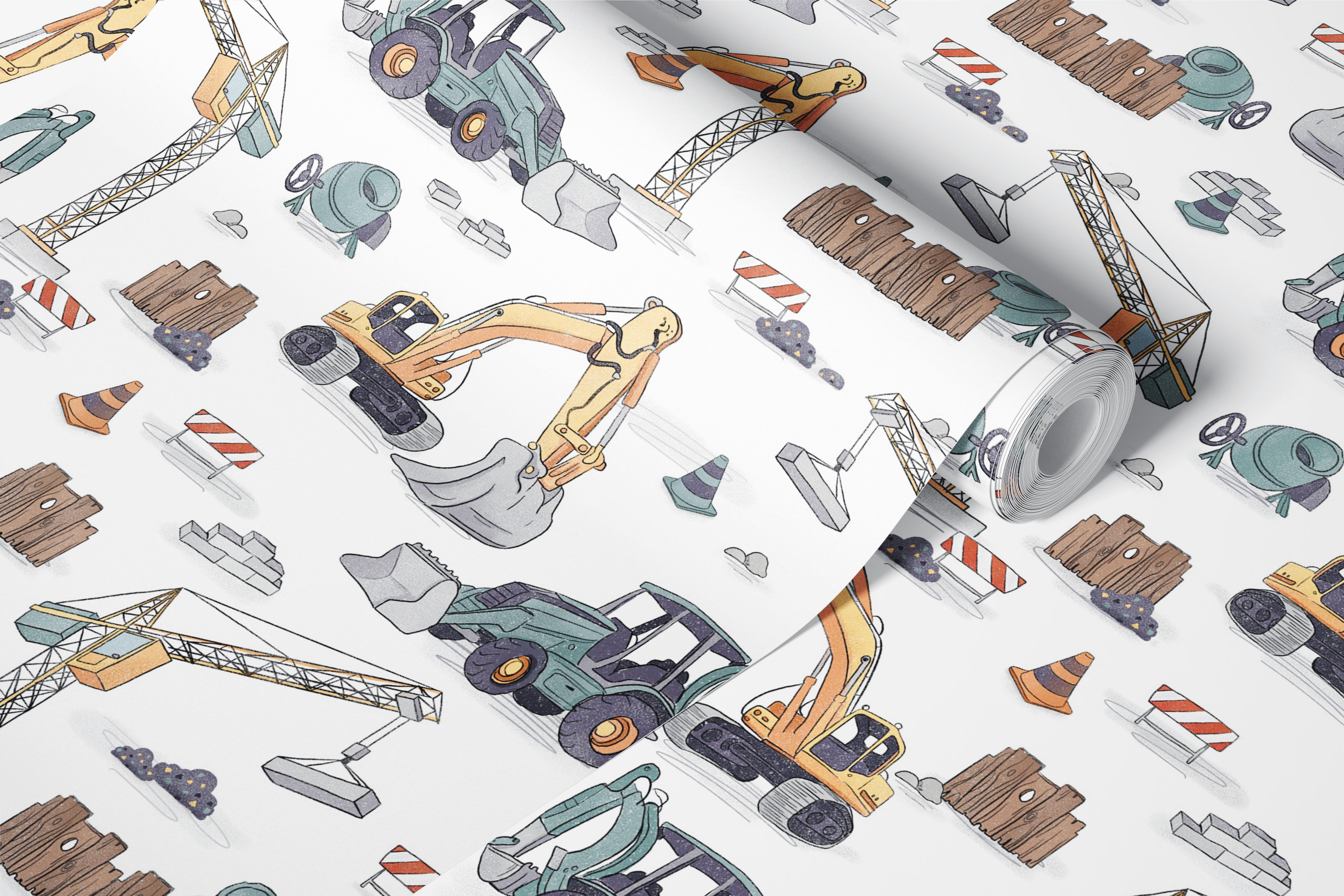 Construction site wallpaper displayed in a room