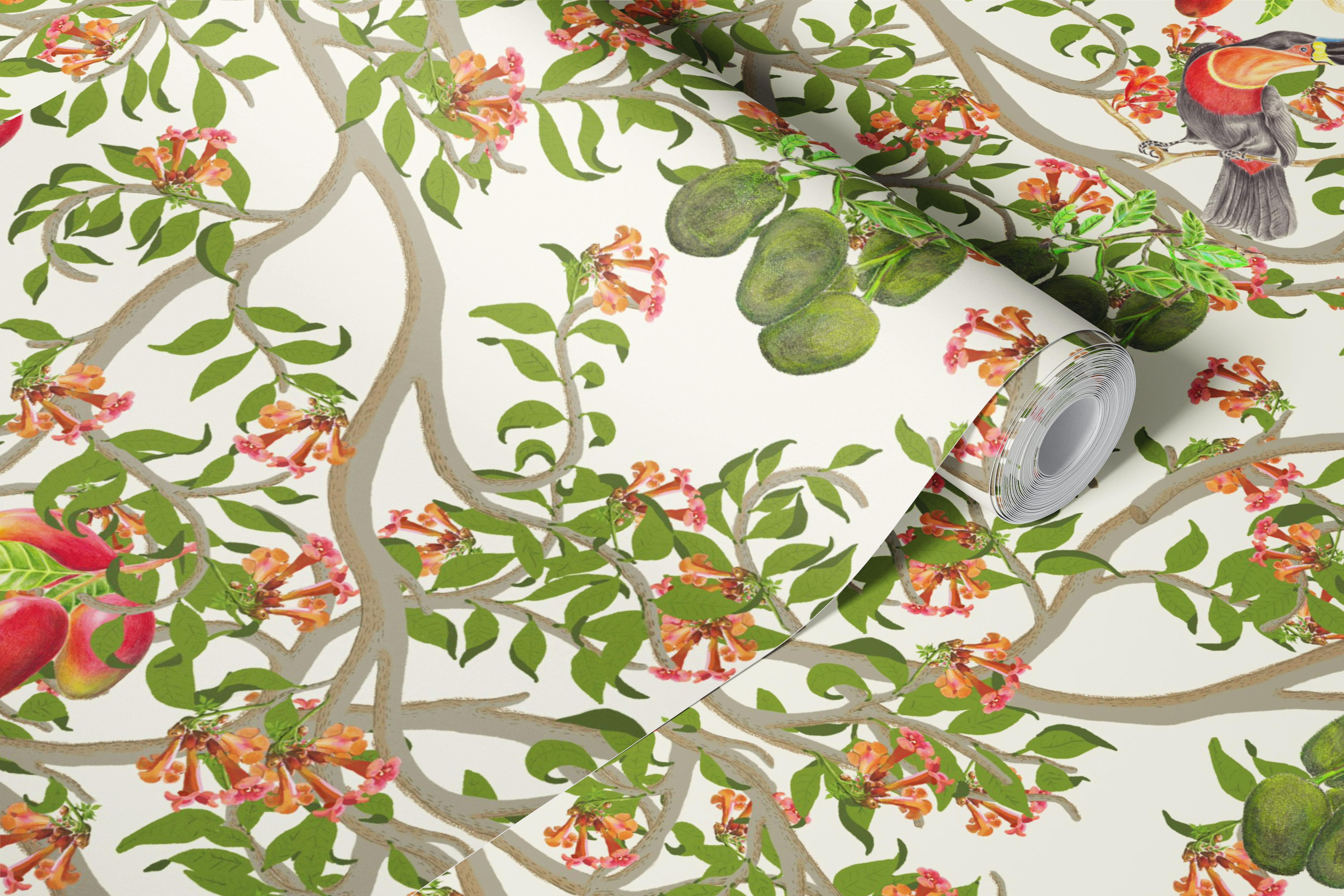 Toucans Ariel in White wallpaper displayed in a room