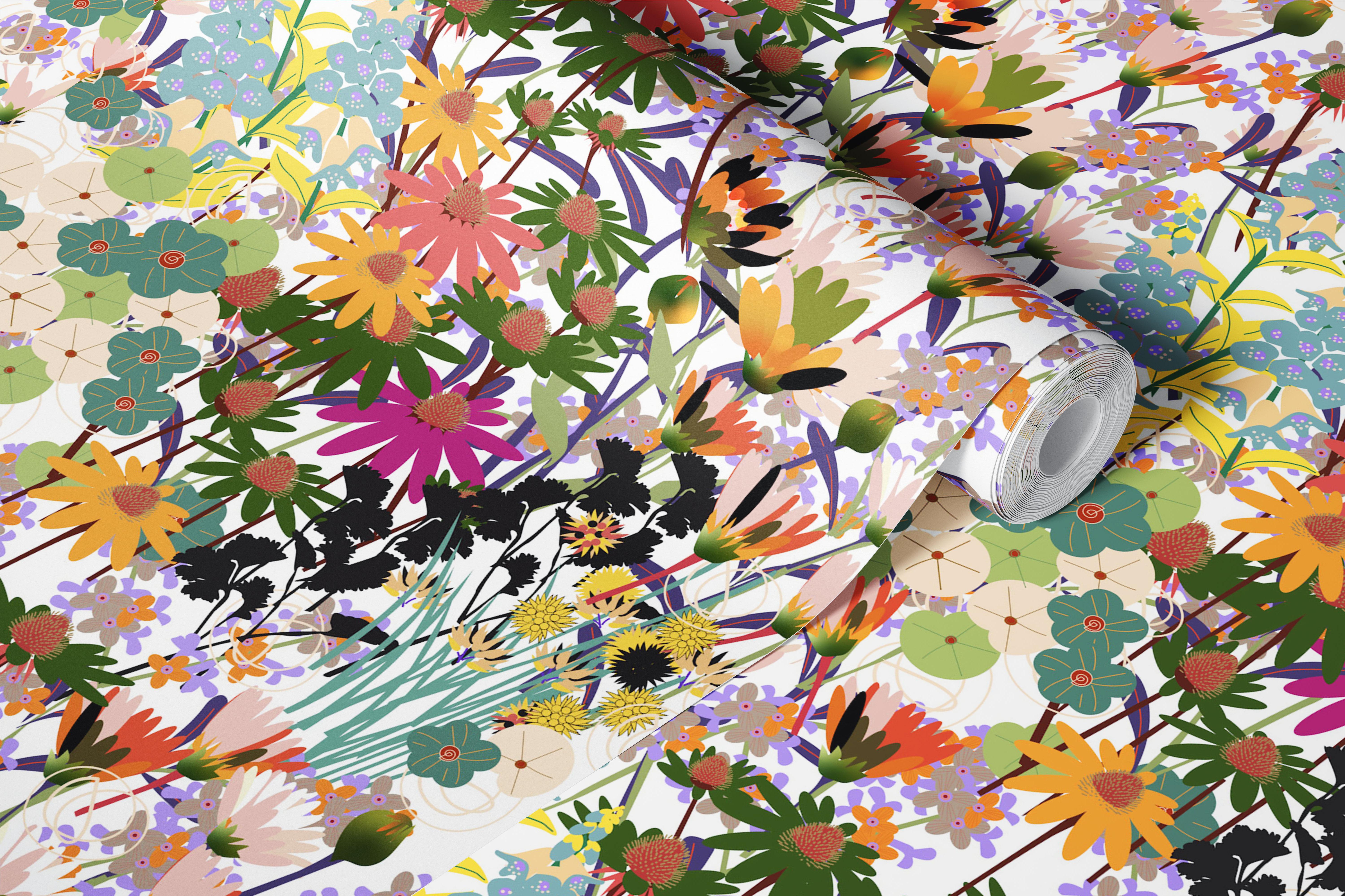 Colorful wildflowers wallpaper in a room