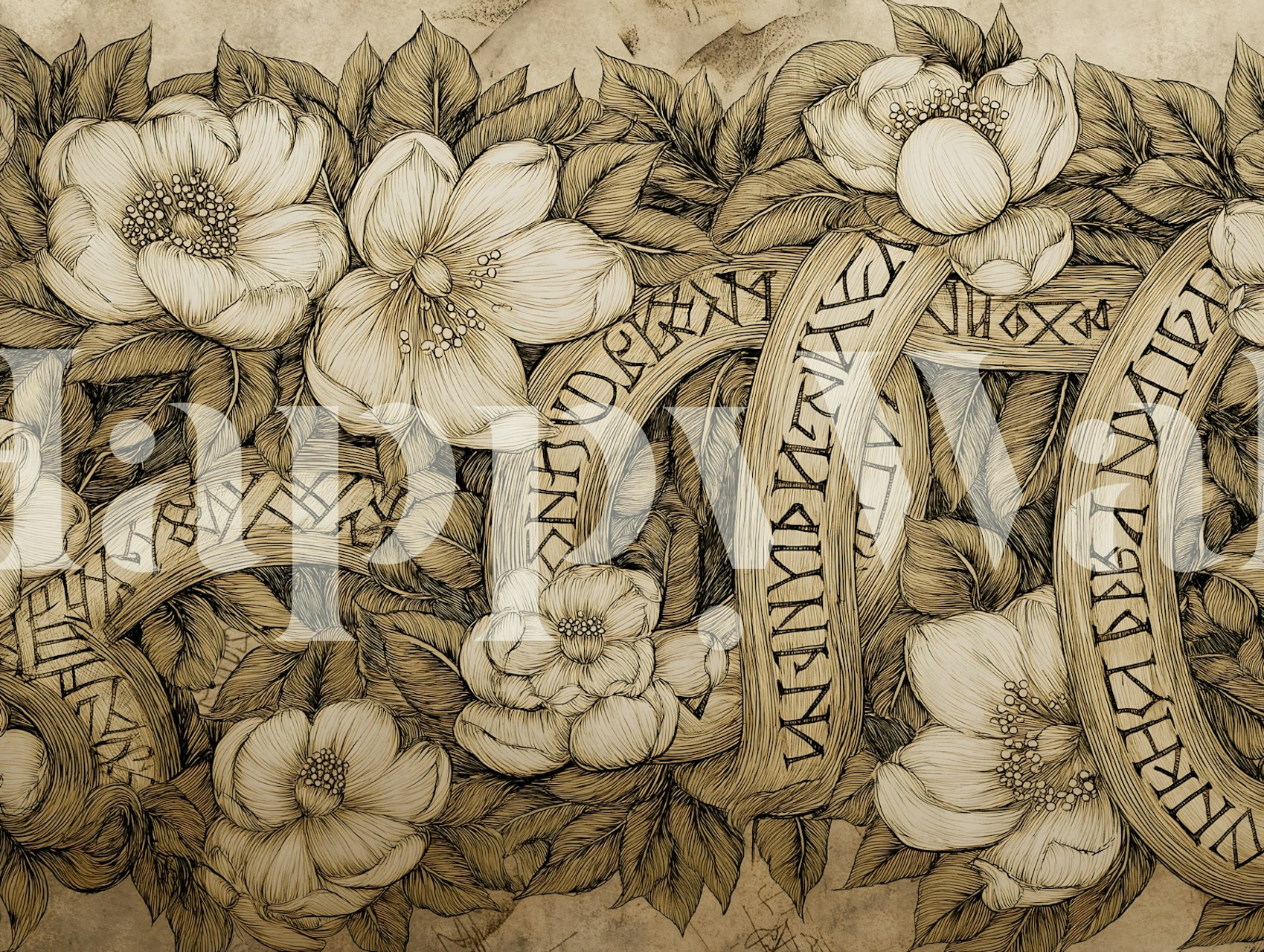 Tapeta Vintage Floral Rune Script w pokoju