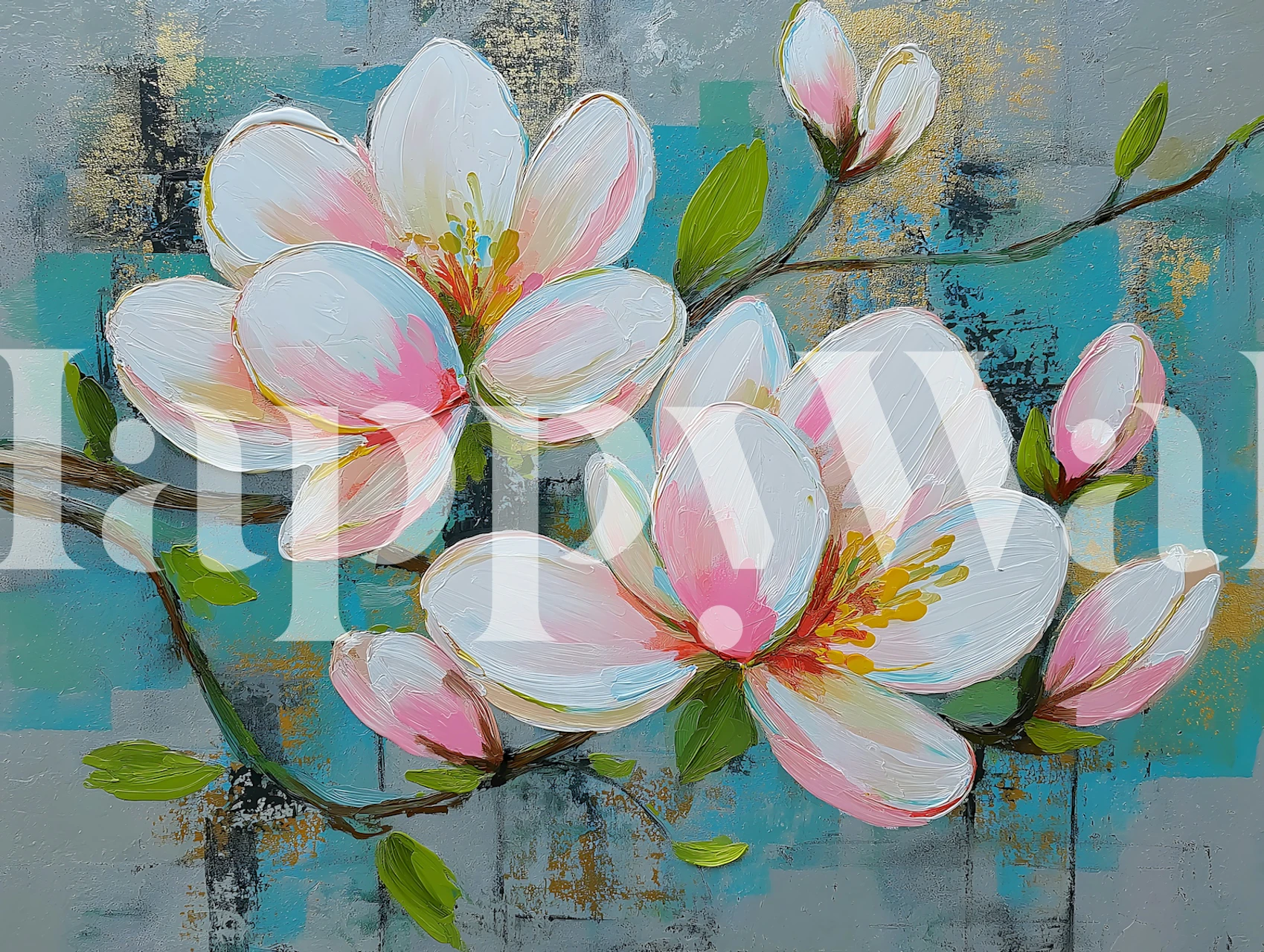 Magnolia Blossoms on Teal wallpaper in a room