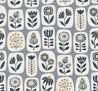 Scandi wildflower collage - navy and mustard wallpaper