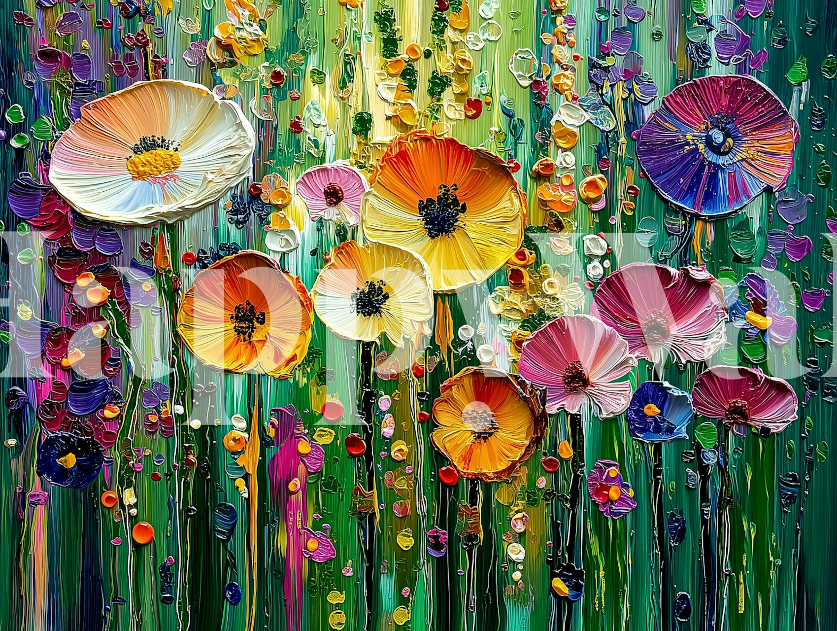 Vibrant impasto wildflowers wallpaper in a room