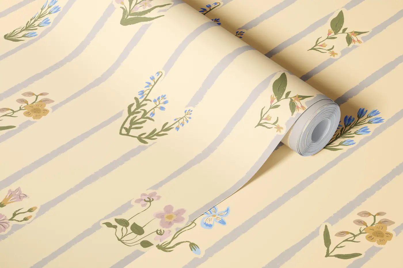 Cottagecore Flowers + Stripes wallpaper roll