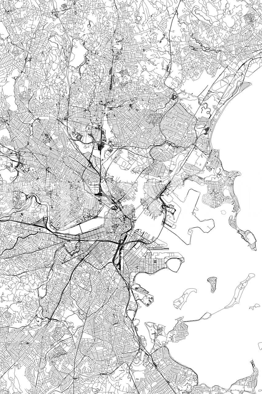 Monochrome detailed map of Boston as wallpaper