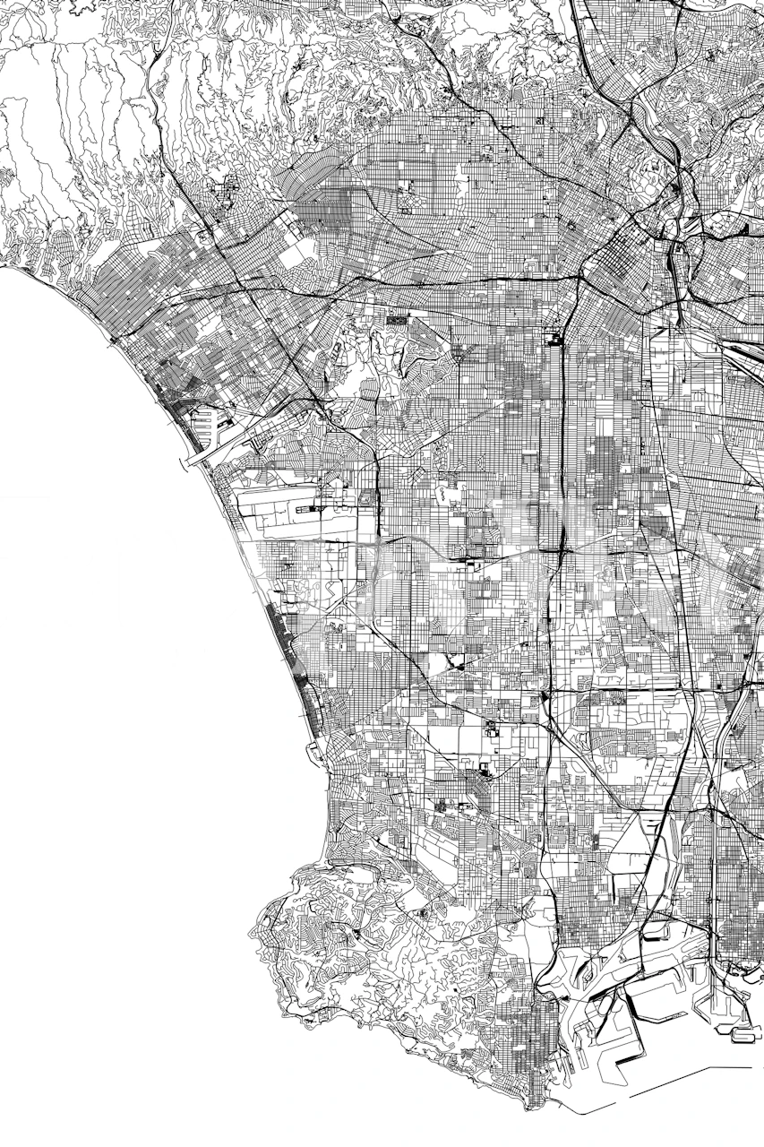 Black and white map of Los Angeles, detailing streets and areas wallpaper