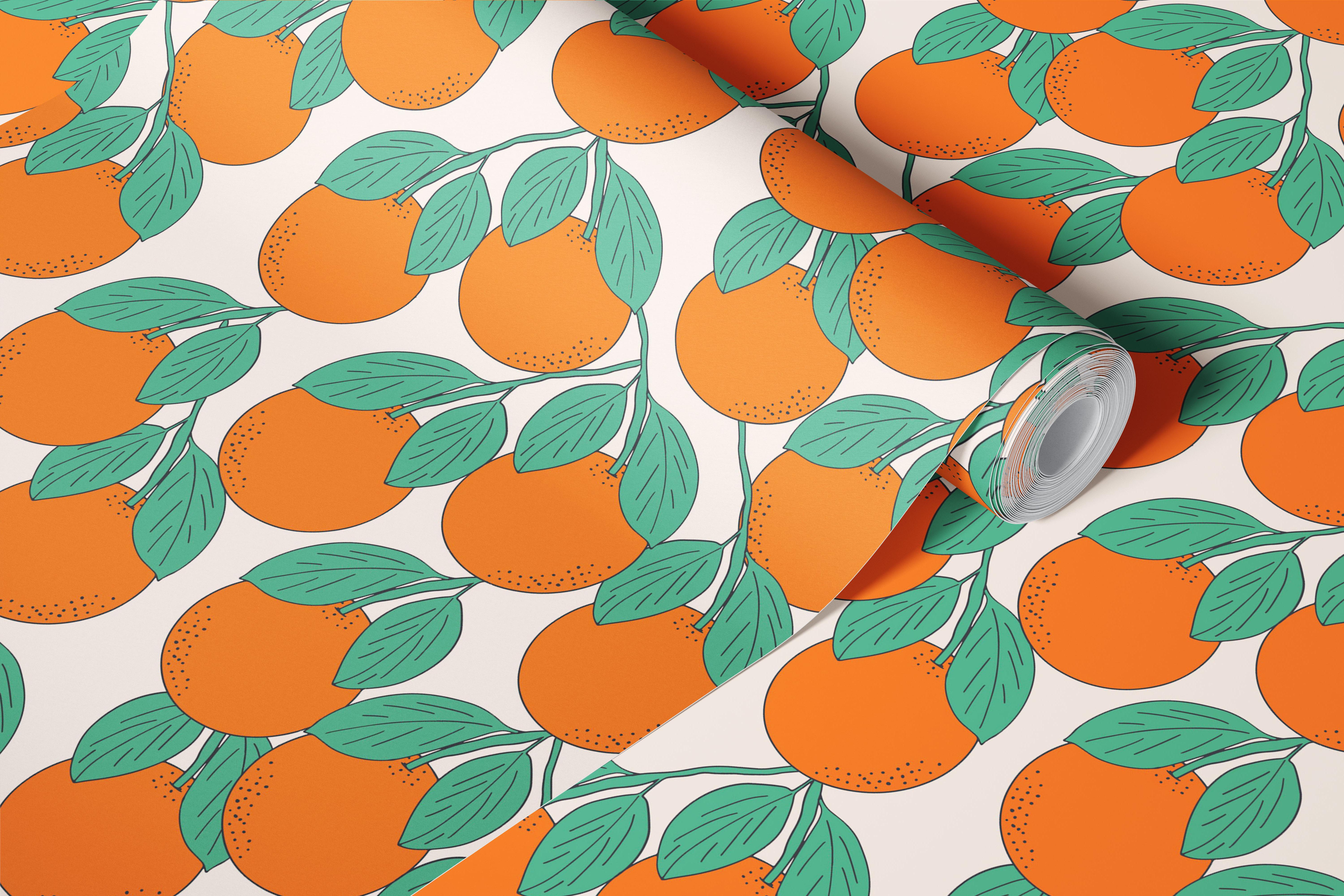 Hand drawn oranges wallpaper in a room setting