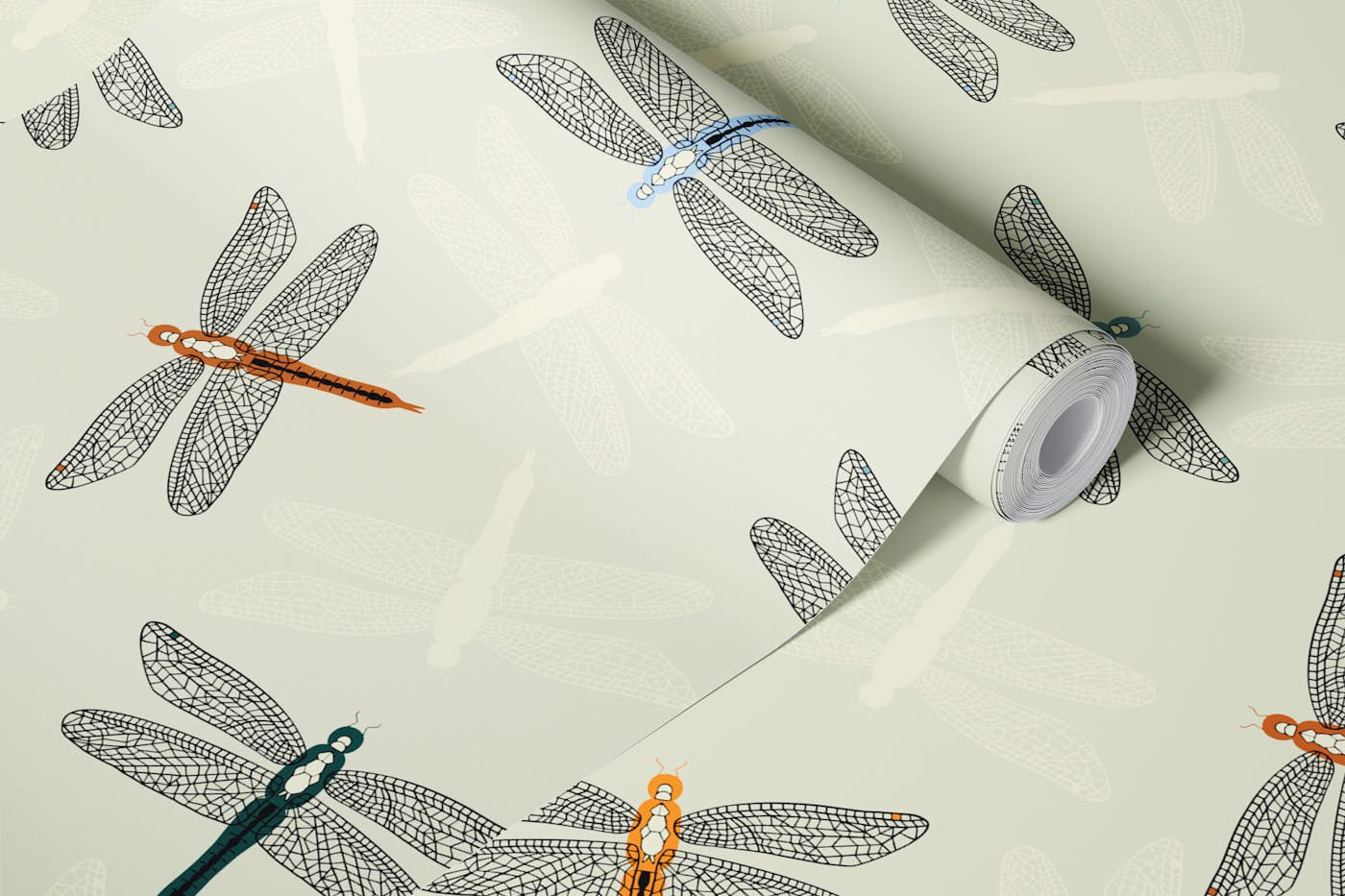 black handdrawn dragonfly on soft beige wallpaper roll