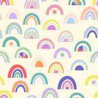 Bold bright patterned rainbows on off white behang