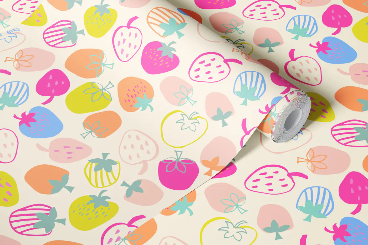 Bright colourful Strawberries on off white wallpaper roll
