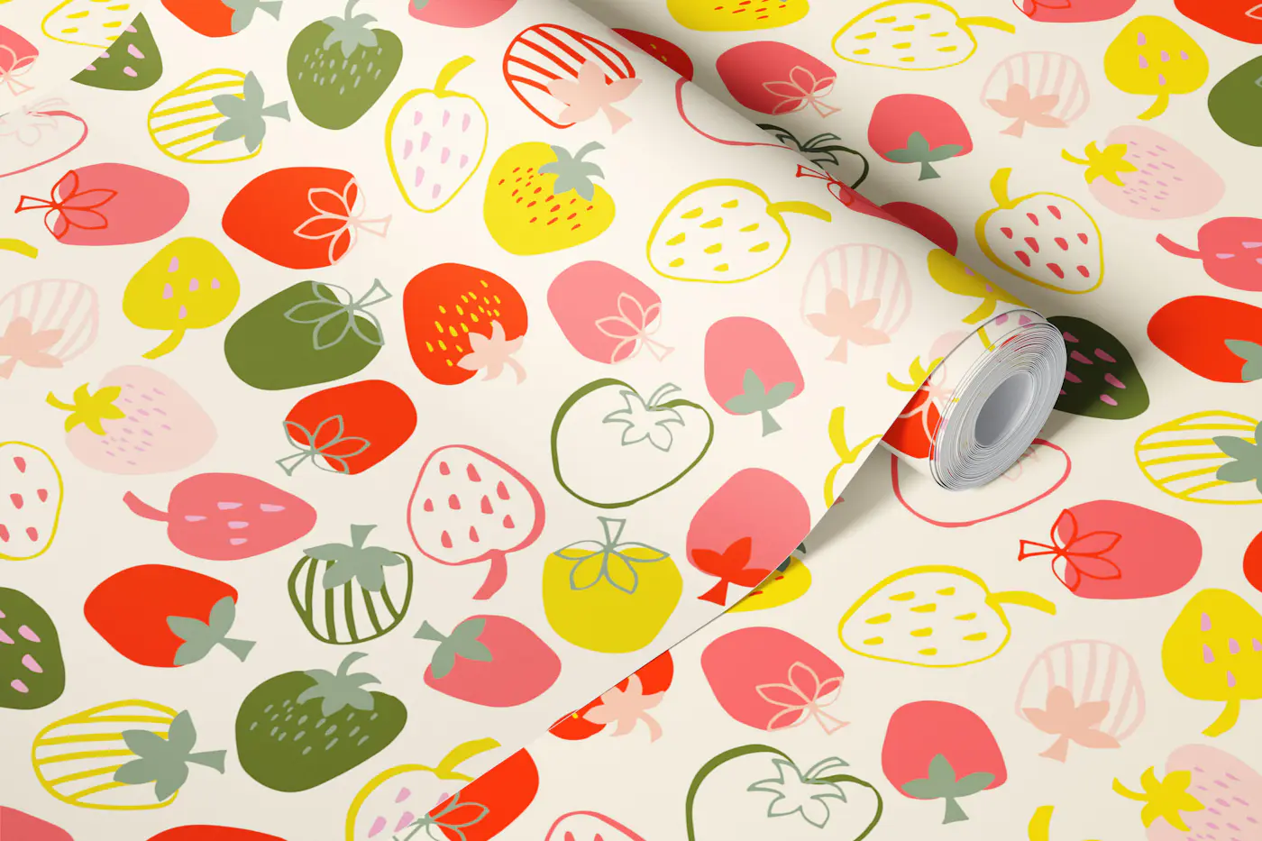 Whimsical hand-drawn strawberries on neutral wallpaper roll