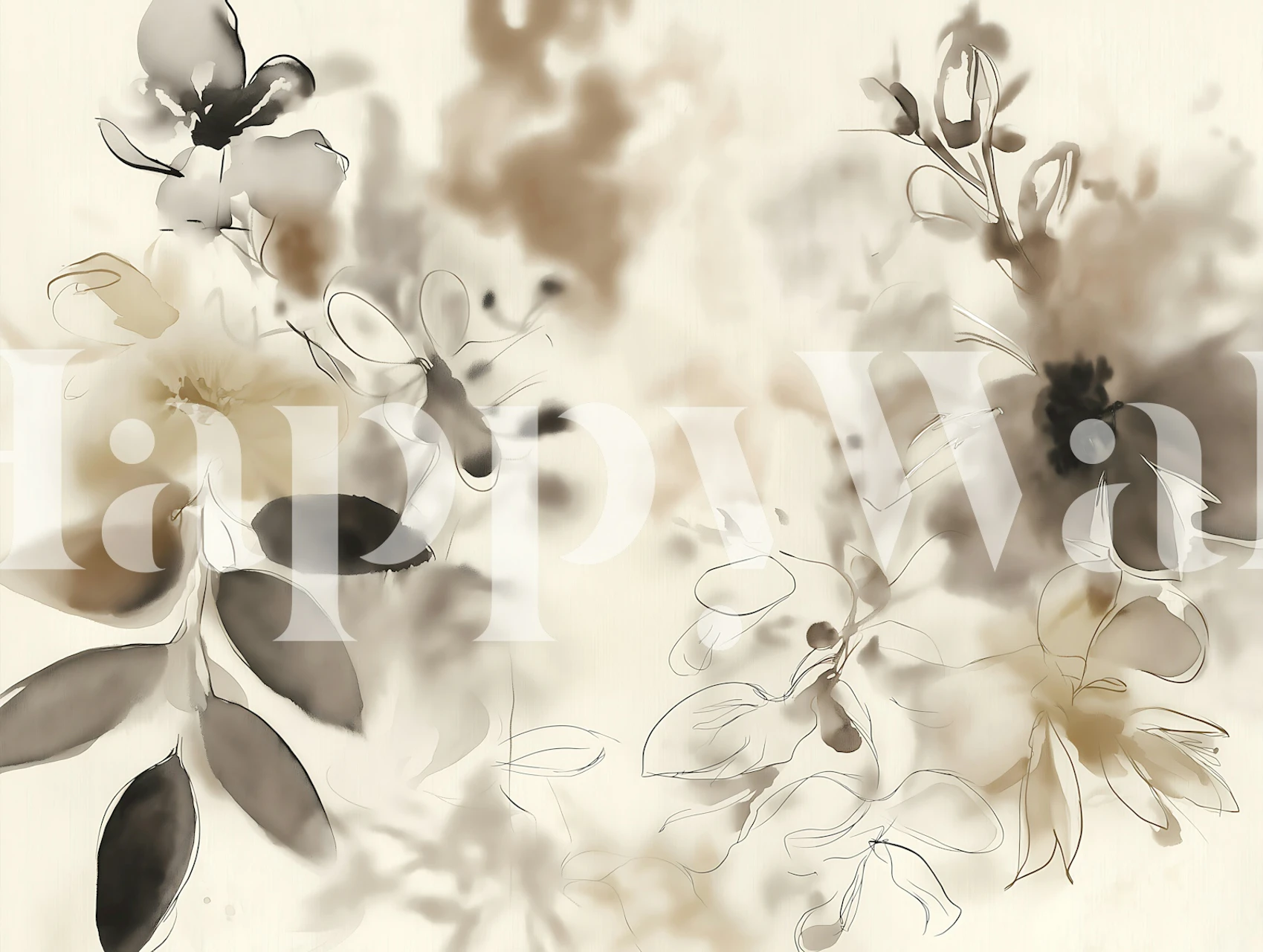 Sepia ink wash floral wallpaper in a neutral room