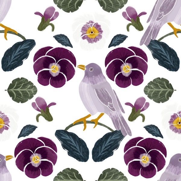 Hearts Ease Bird Botanical Floral Pattern