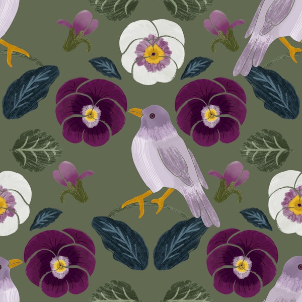 Hearts Ease Bird Botanical Pattern Green