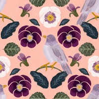 Hearts Ease Bird Botanical Pattern pink wallpaper