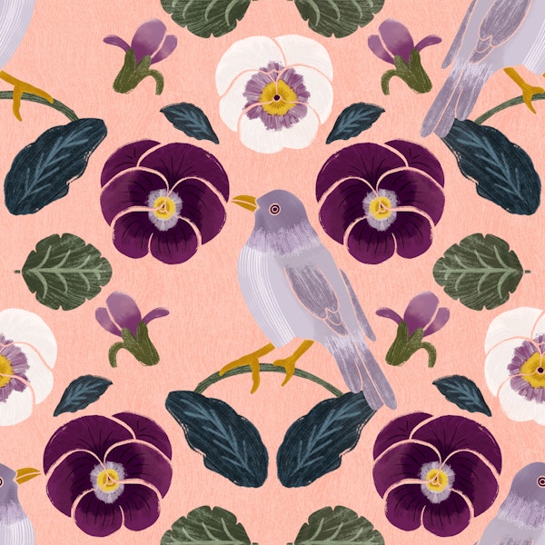 Hearts Ease Bird Botanical Pattern pink