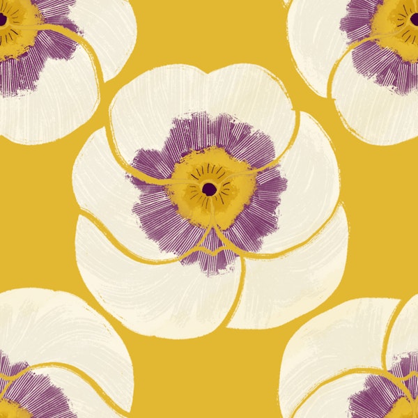 Hearts Ease Pansy Floral Pattern on mustard