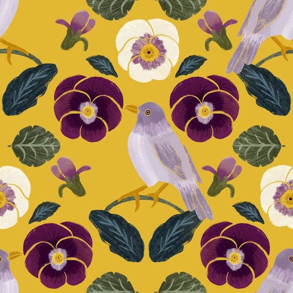 Hearts Ease Bird Botanical Pattern on yellow