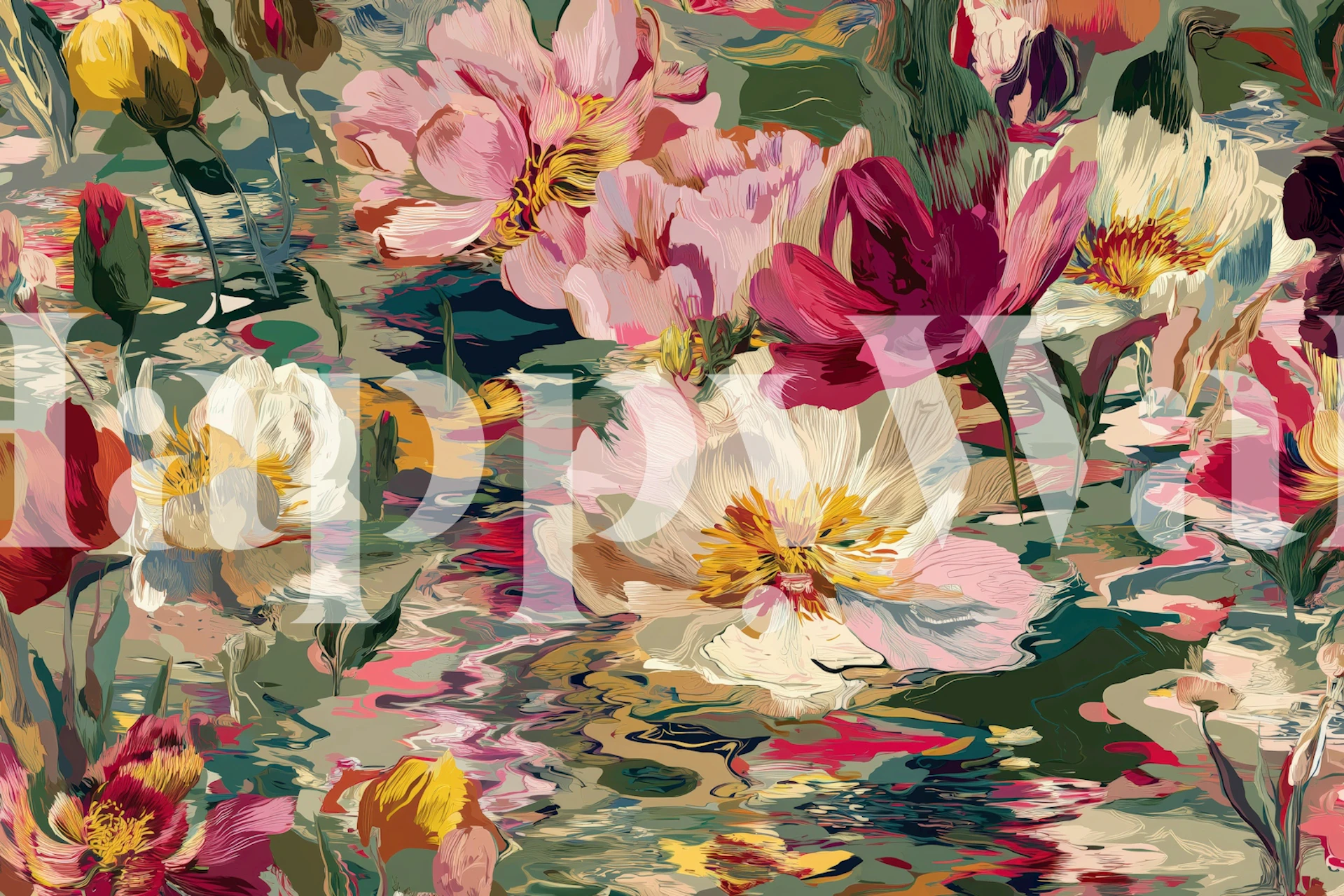 Painterly Garden Reflection wallpaper displayed in a room