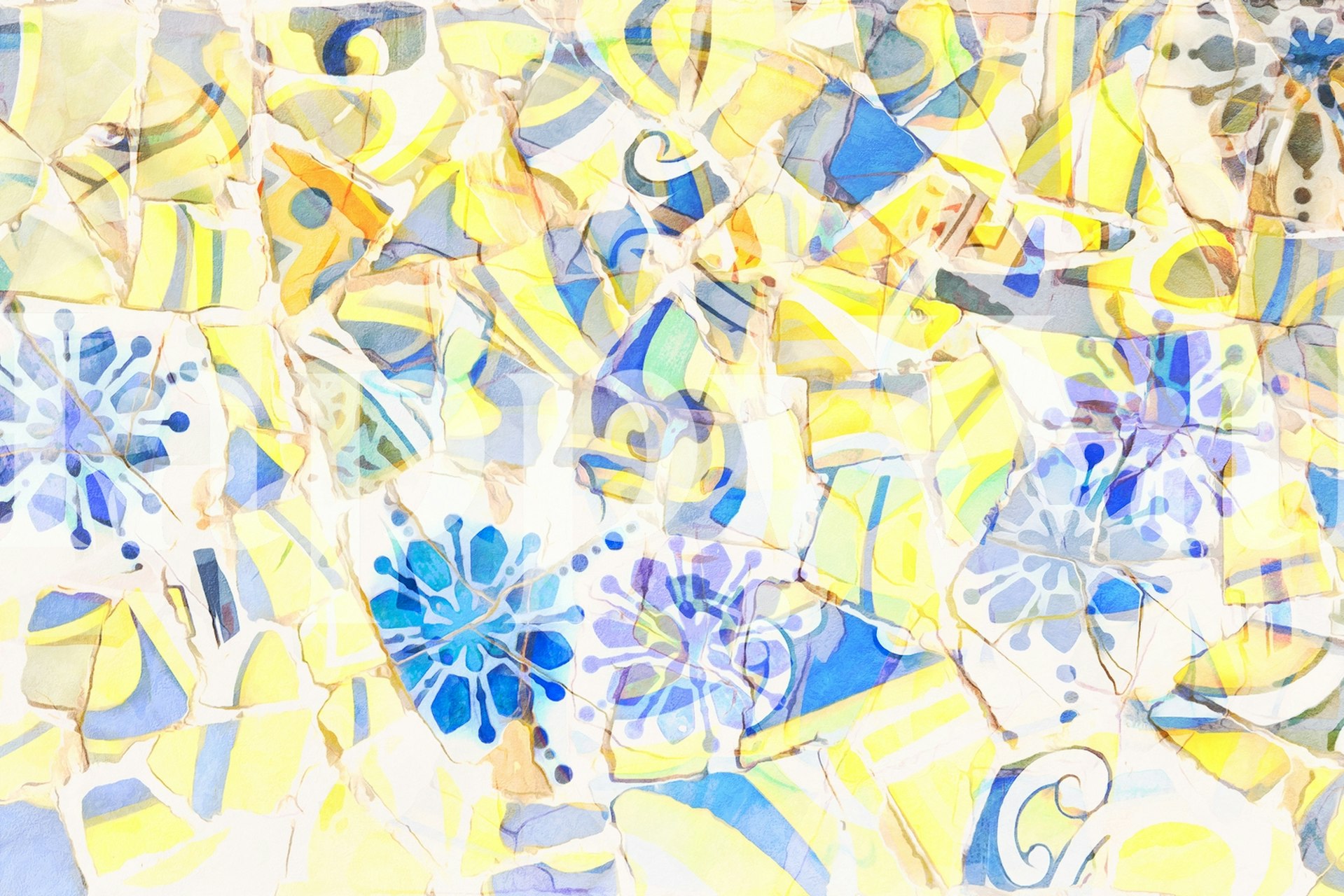 Abstract mosaic wall mural with pastel and bright colors, inspired by Barcelona's artistic mosaics