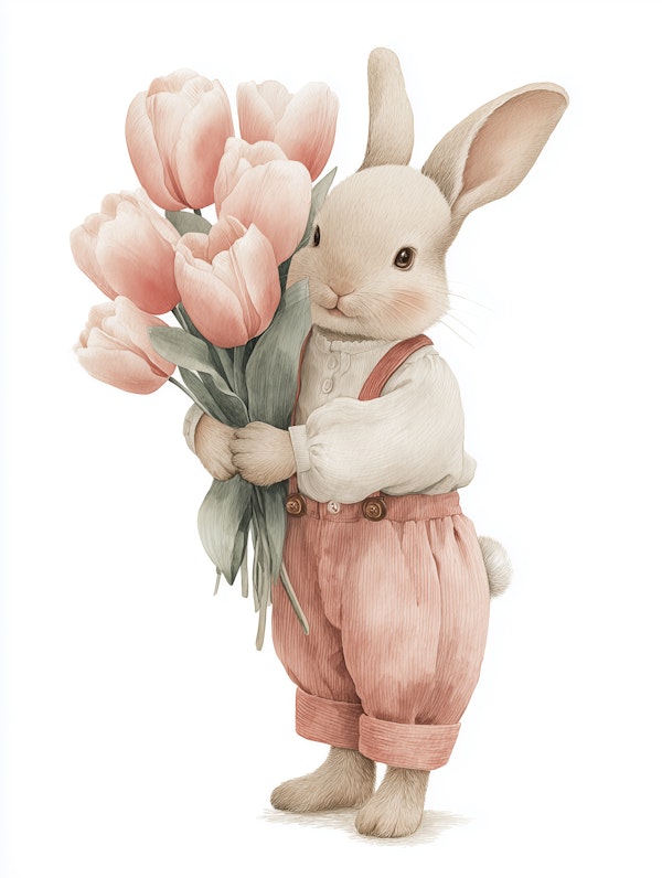 Bunny With Pink Tulips