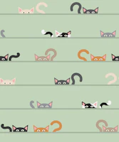 Cute cats peeking stripe on sage green wallpaper