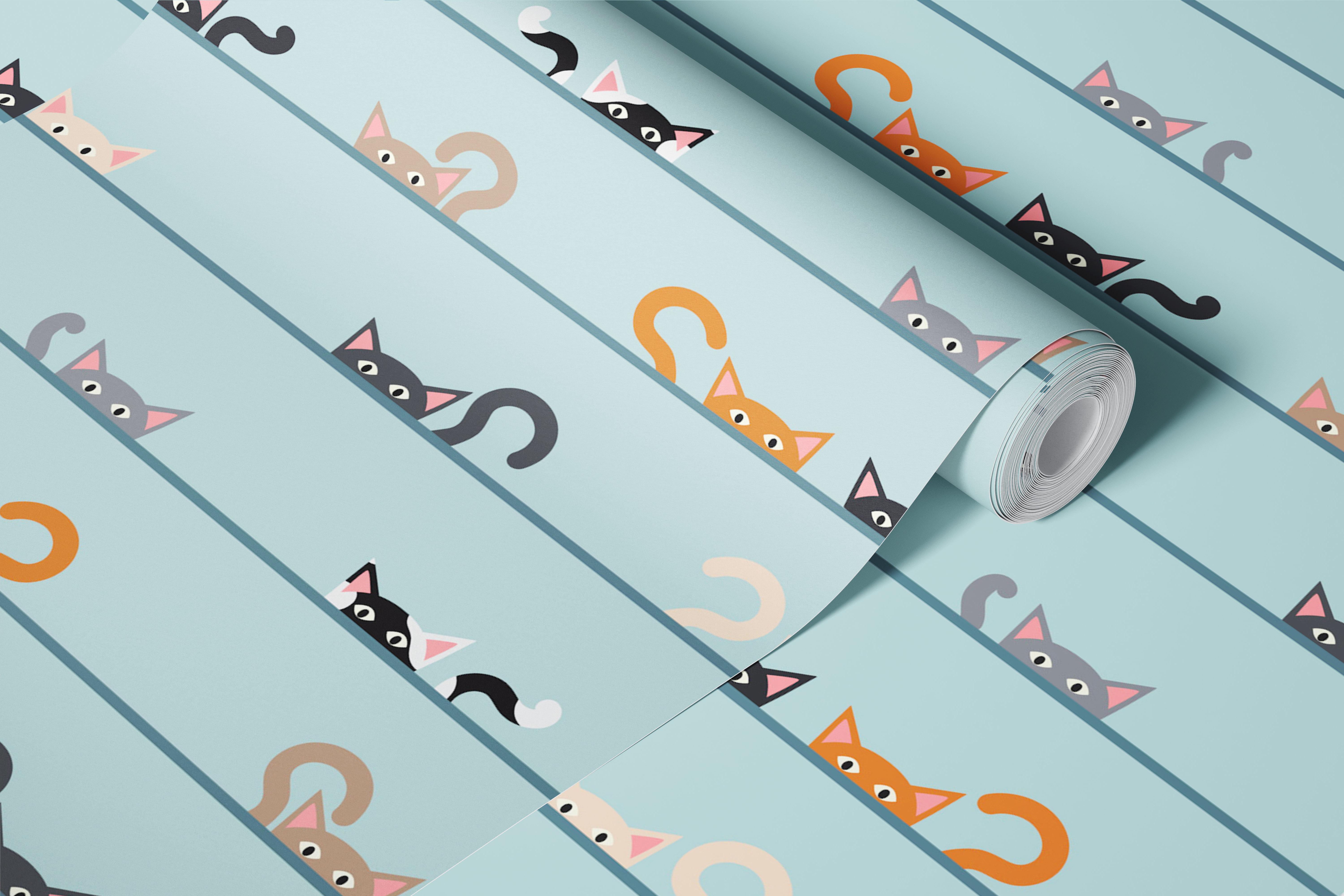 Minimal Peeking Cats Blue wallpaper in nursery