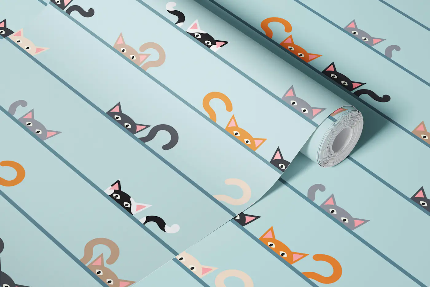 Minimal Peeking Cats Blue Nursery Decor wallpaper roll