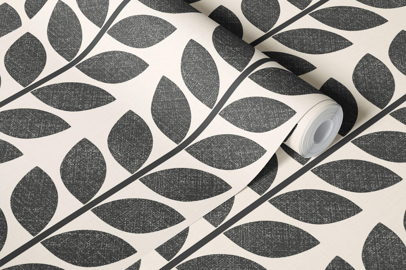 mid century leaf stripes - black wallpaper roll