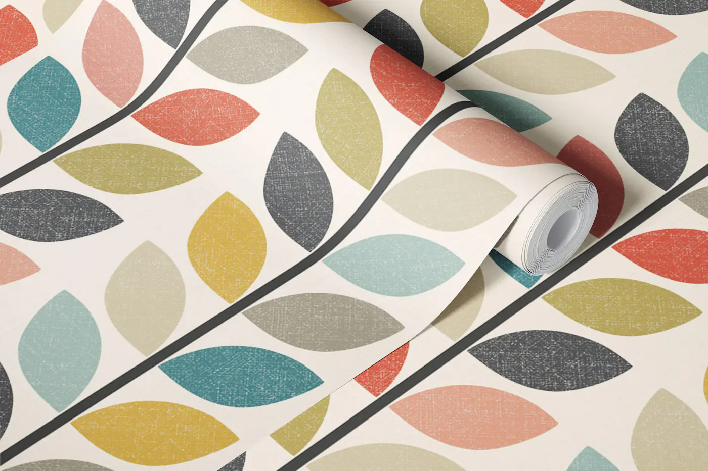 mid century leaf stripes - colorful retro wallpaper roll