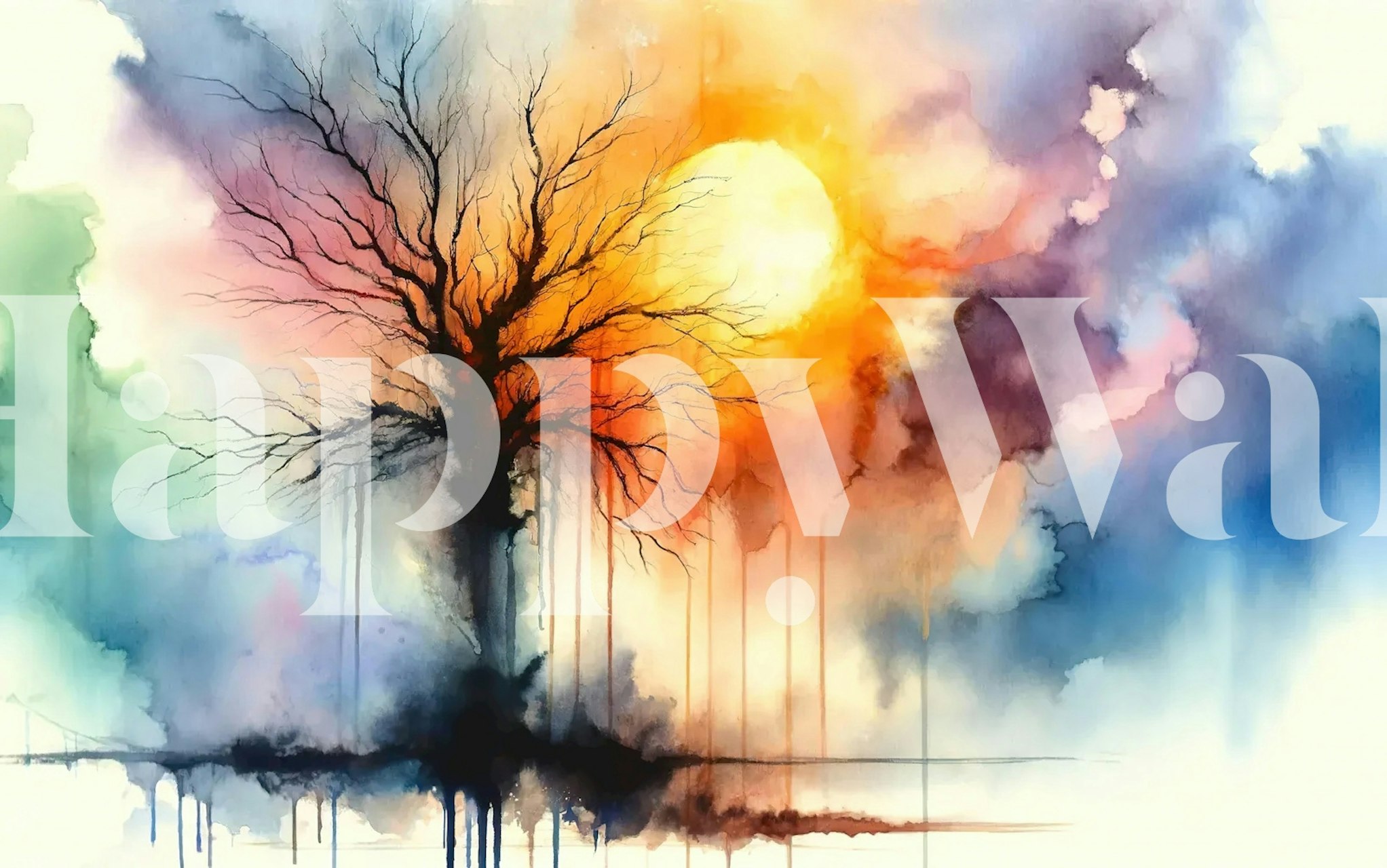 Sunset silhouette through a tree of life wallpaper