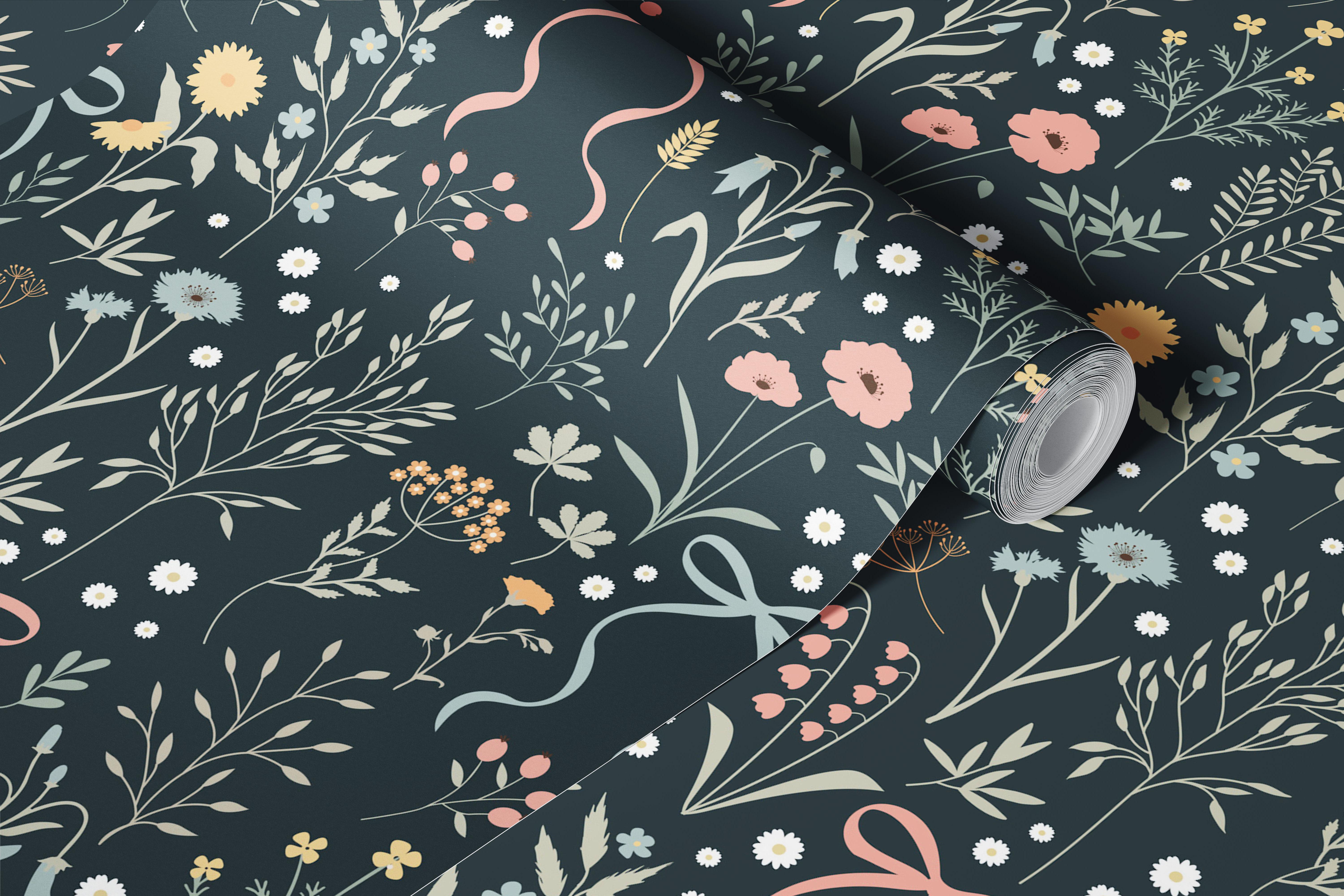 Dusty Blue Botanical Bouquet wallpaper design