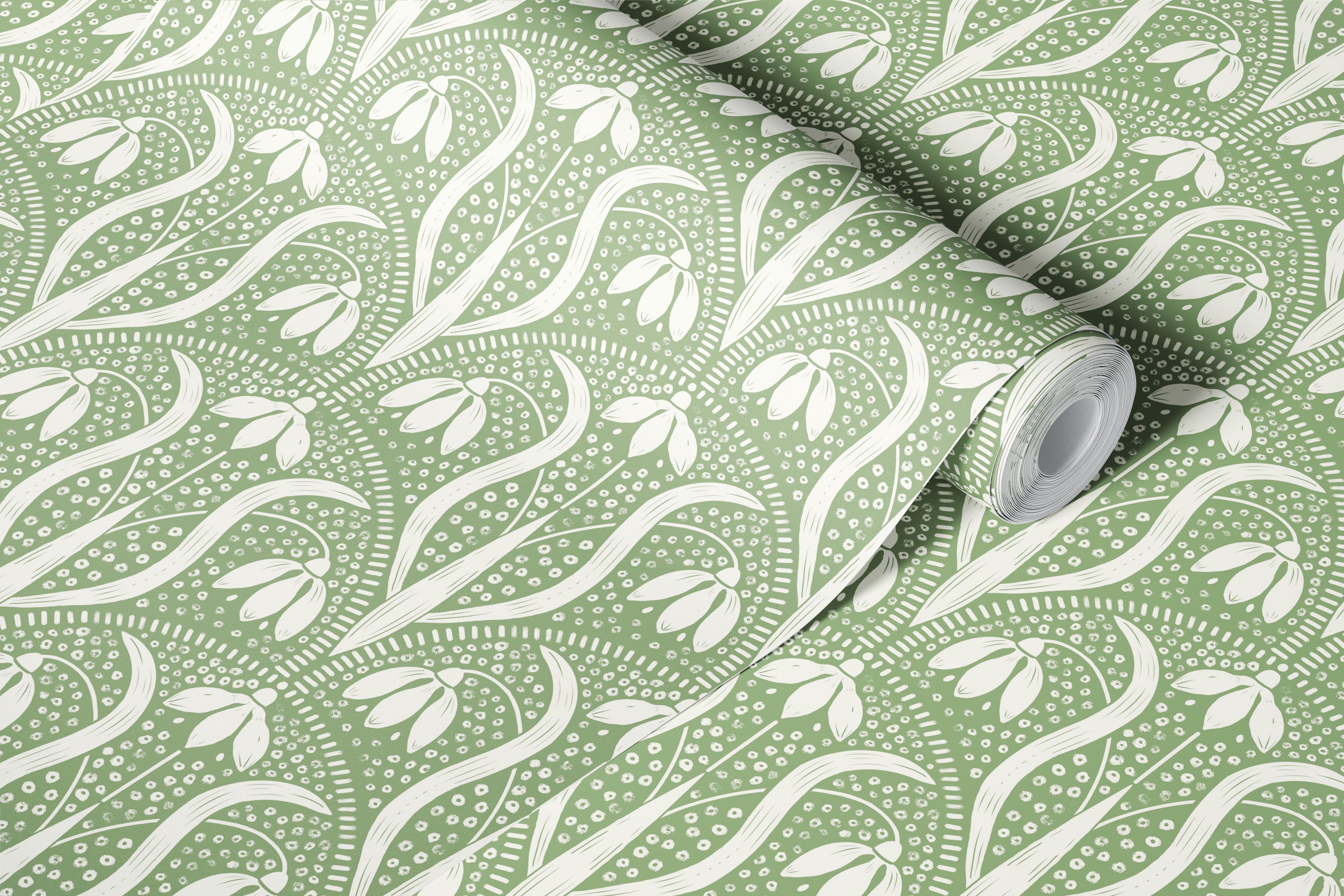 Snowdrops art nouveau pattern sage green papel tapiz