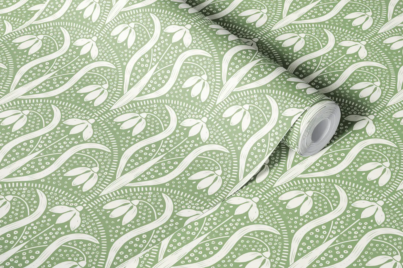 snowdrops art nouveau pattern sage green wallpaper roll