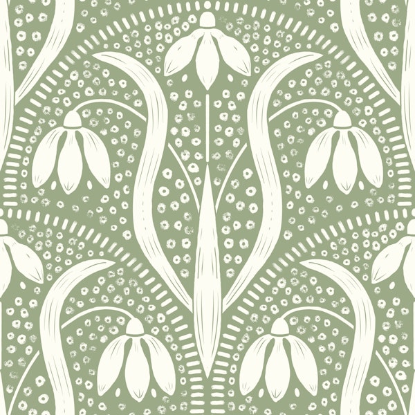 snowdrops art nouveau pattern sage green