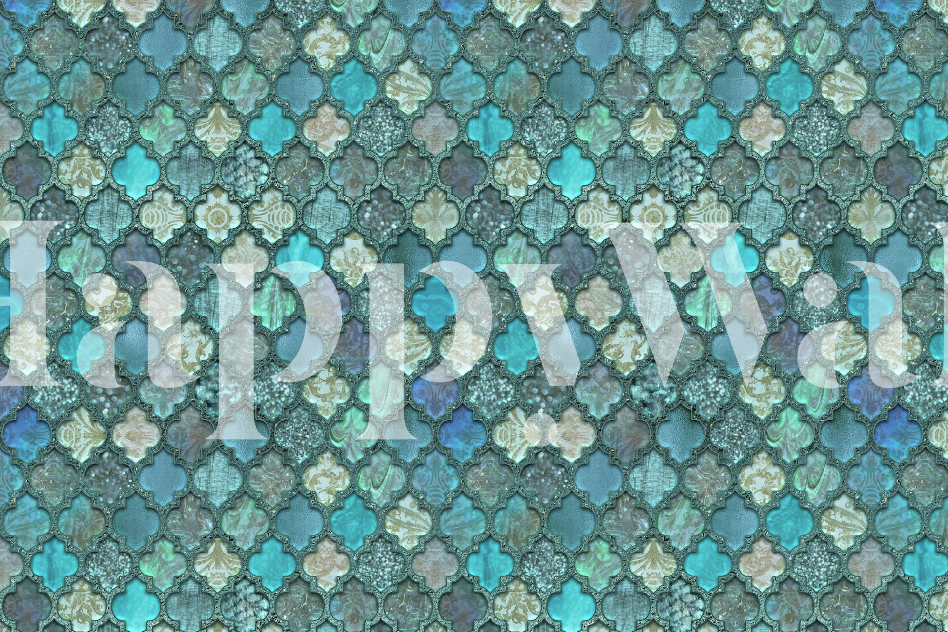 Old Moroccan Tiles Teal Green wallpaper in a room