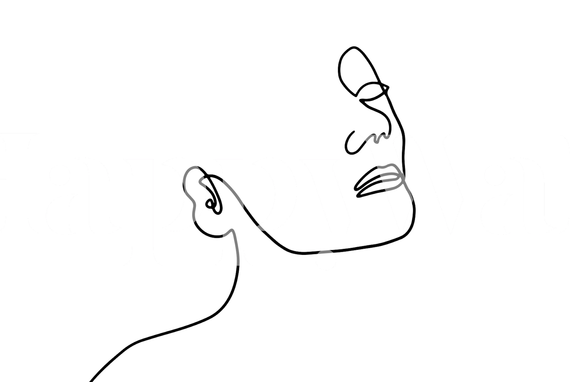 Line art drawing of a woman's face in black on white wallpaper